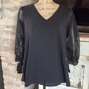 Easel black v-neck sheer shiny 3/4 sleeve mixed media rounded hem blouse shirt